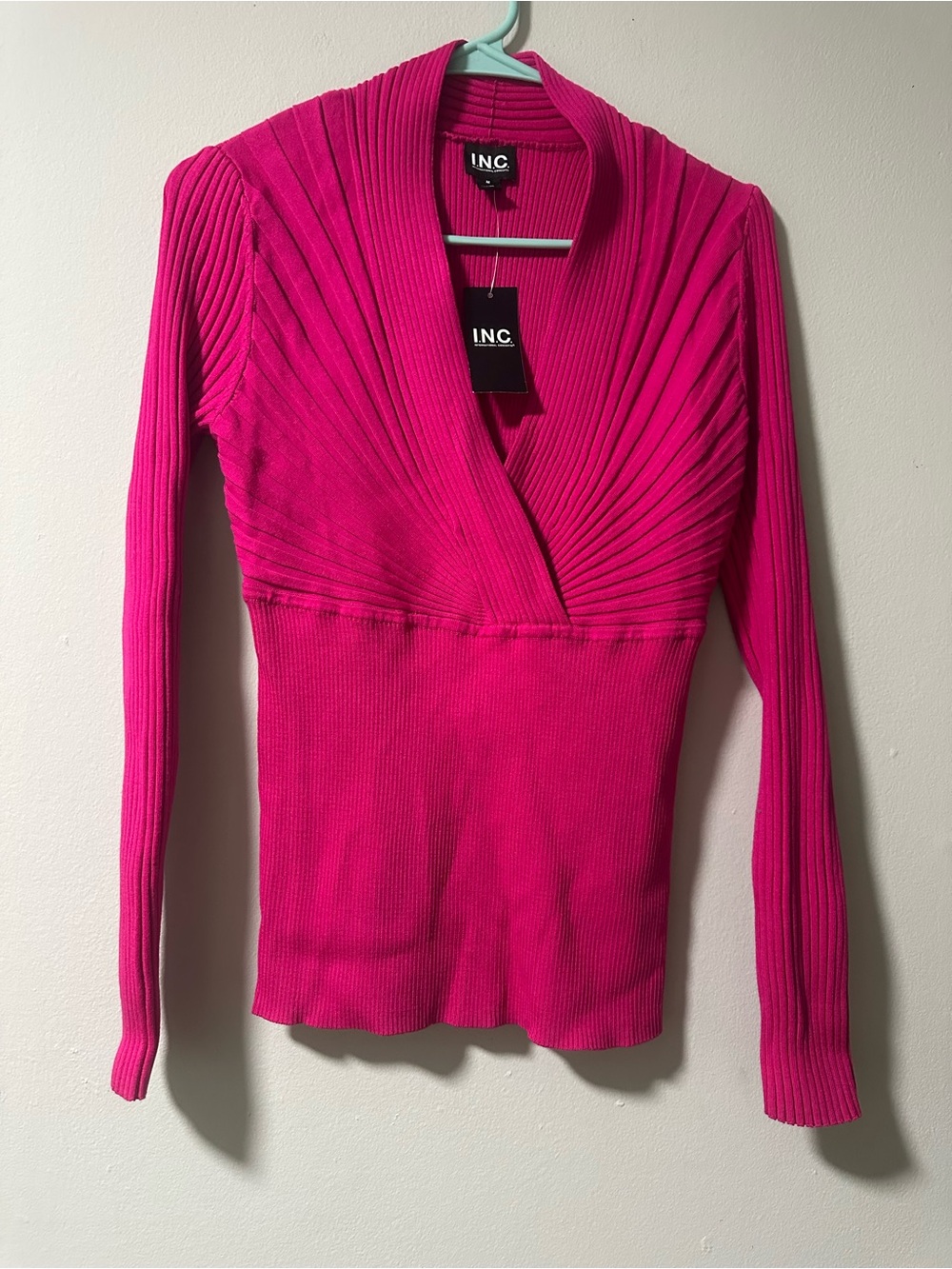 INC International Concepts Hot Pink Ribbed Wrap-Front Sweater